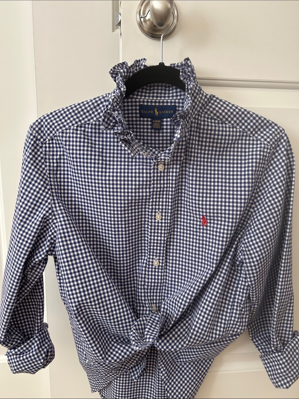 Ralph Lauren Blue and White Gingham Ruffle-Collar Button-Down Shirt